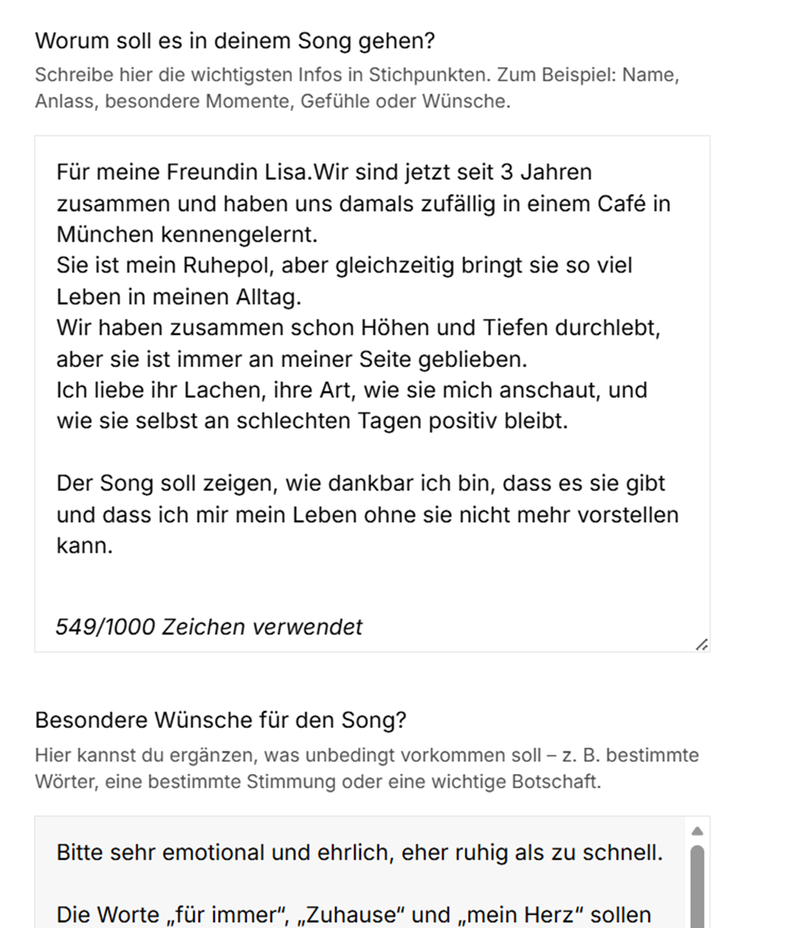 Echte Kundeneingabe: Daniel beschreibt seine Gefühle und Erinnerungen für einen persönlichen Song für seine Freundin Lisa bei SongForYou