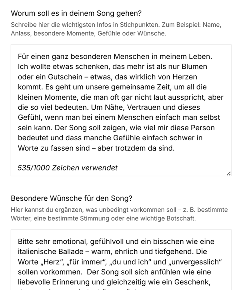 Echte Kundeneingabe: Jessica beschreibt ihr persönliches Geschenk für einen individuellen Song bei SongForYou