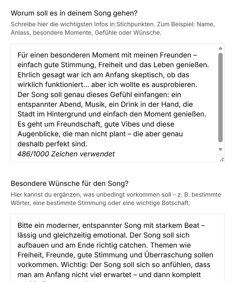 Echte Kundeneingabe: Kevin teilt seine Gedanken für einen persönlichen Song im Stadtlichter-Vibe bei SongForYou