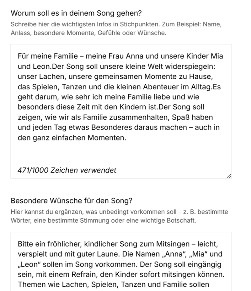 Echte Kundeneingabe: Marco teilt seine Gedanken für einen persönlichen Song für seine Rasselbande – Anna, Mia und Leon – bei SongForYou
