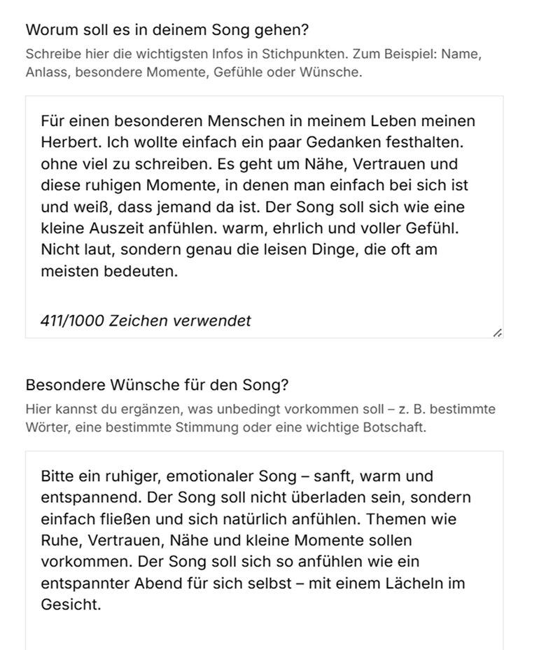 Echte Kundeneingabe: Nadine teilt ihre Gedanken für einen persönlichen Song für Herbert bei SongForYou