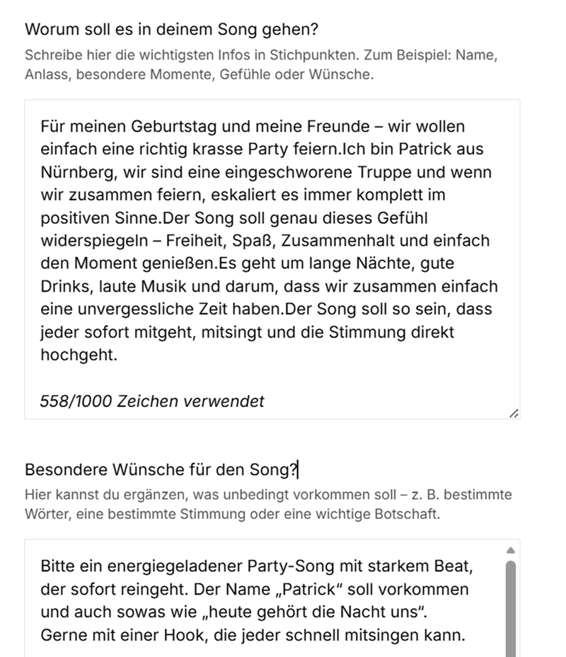 Echte Kundeneingabe: Patrick beschreibt seinen Party-Song für eine unvergessliche Nacht mit Freunden bei SongForYou