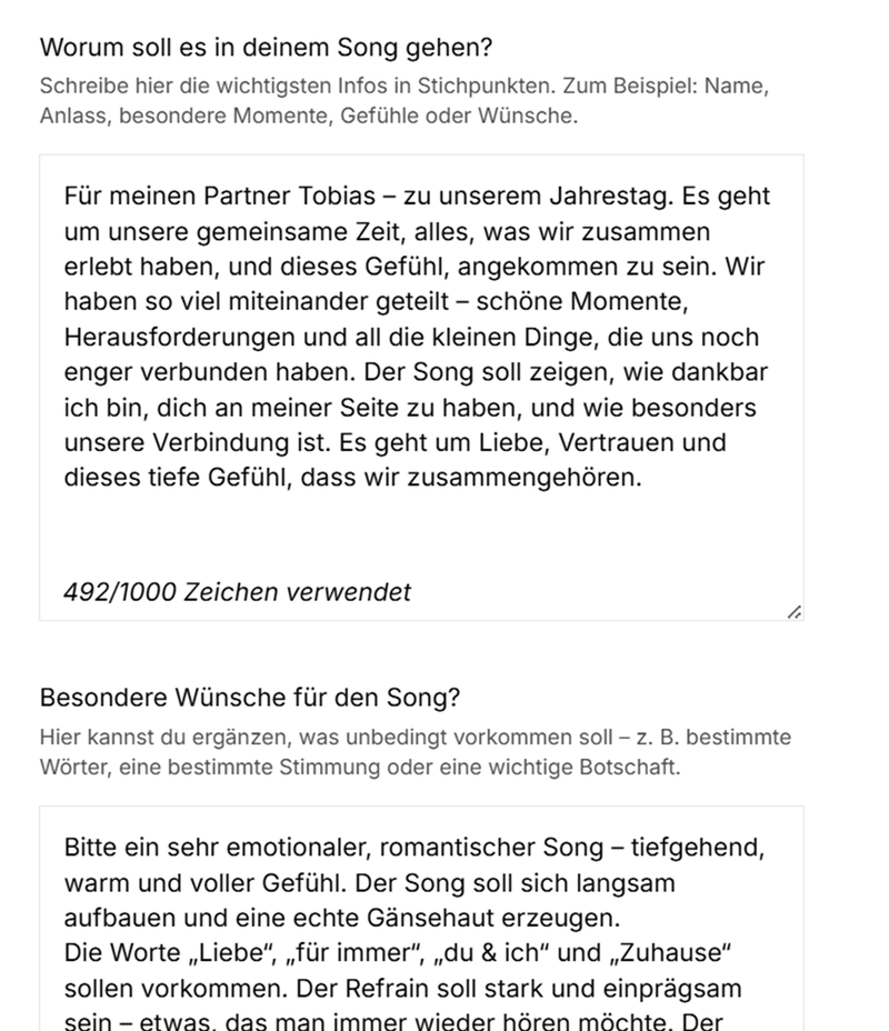Beispiel-Eingabe: Sabrina aus Düsseldorf beschreibt ihre Geschichte für einen persönlichen Song bei SongForYou
