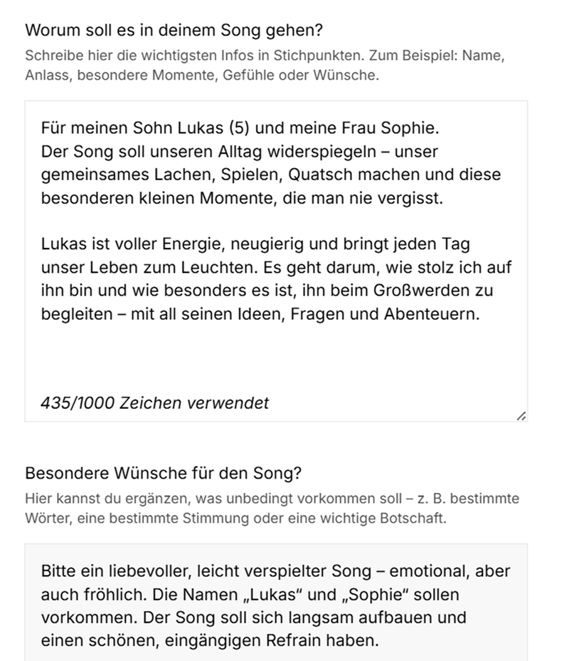 Echte Kundeneingabe: Tobias teilt seine Gefühle für einen persönlichen Song für Lukas und Sophia bei SongForYou