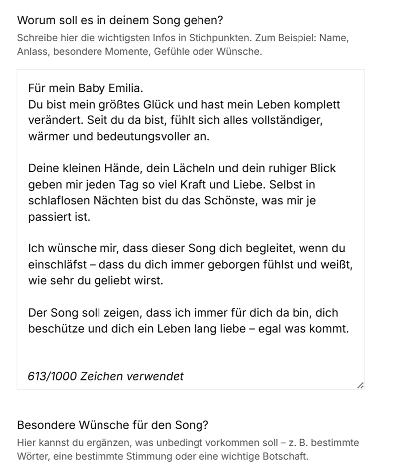 Echte Kundeneingabe: Vanessa teilt ihre Gedanken für einen persönlichen Song für ihr Baby Emilia bei SongForYou