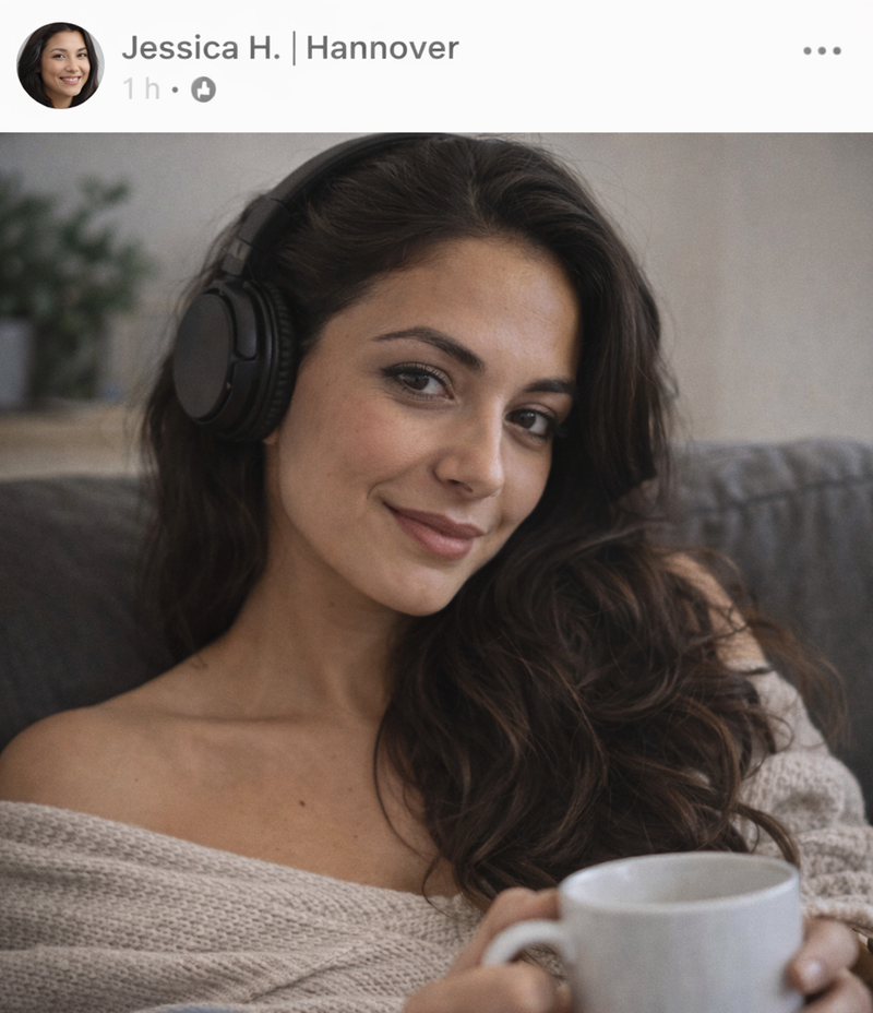 Jessica H. aus Hannover hört ihren personalisierten Song von SongForYou entspannt mit Kopfhörern und Kaffee – begeisterte Kundin mit 5 Sternen für ein emotionales und individuelles Musikgeschenk
