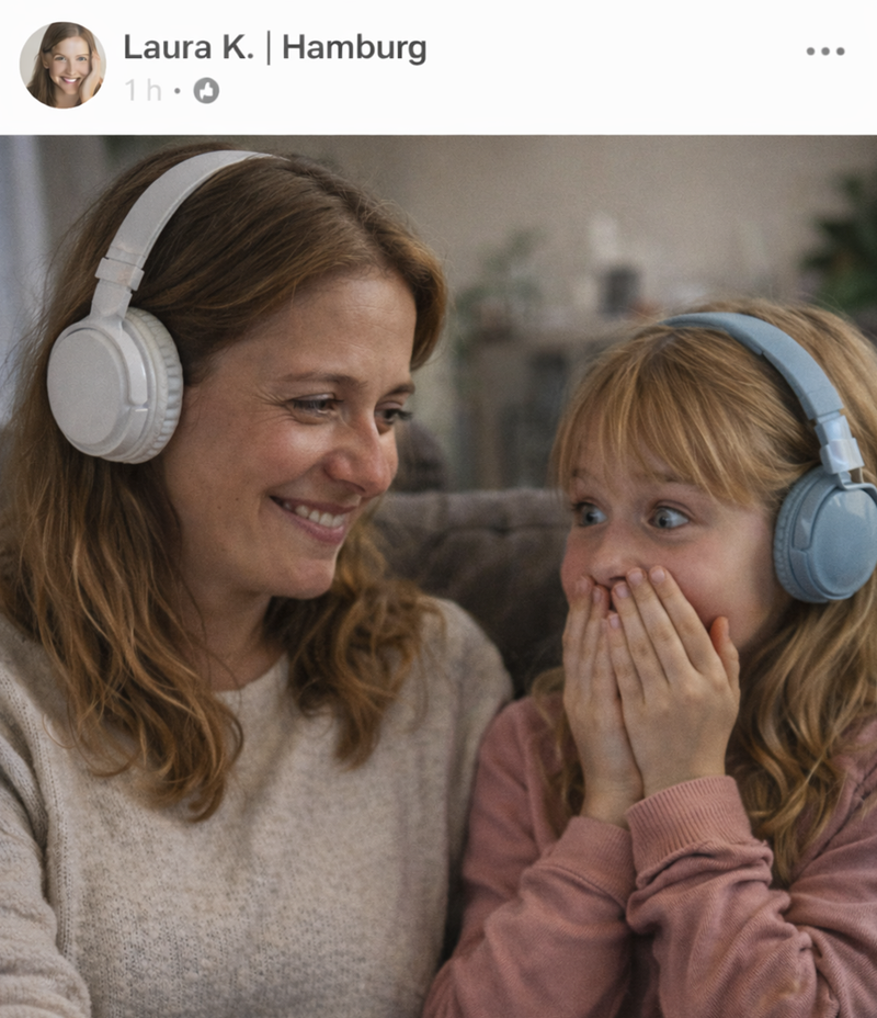 Laura K. aus Hamburg hört gemeinsam mit ihrer Tochter Christina ihren personalisierten Song von SongForYou – begeisterte Kundin mit 5 Sternen für ein emotionales und individuelles Musikgeschenk