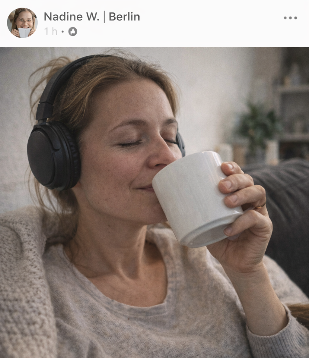 Nadine W. aus Berlin hört ihren personalisierten Song von SongForYou mit Kopfhörern und Kaffee – begeisterte Kundin mit 5 Sternen für einen individuellen, emotionalen Song als Geschenk