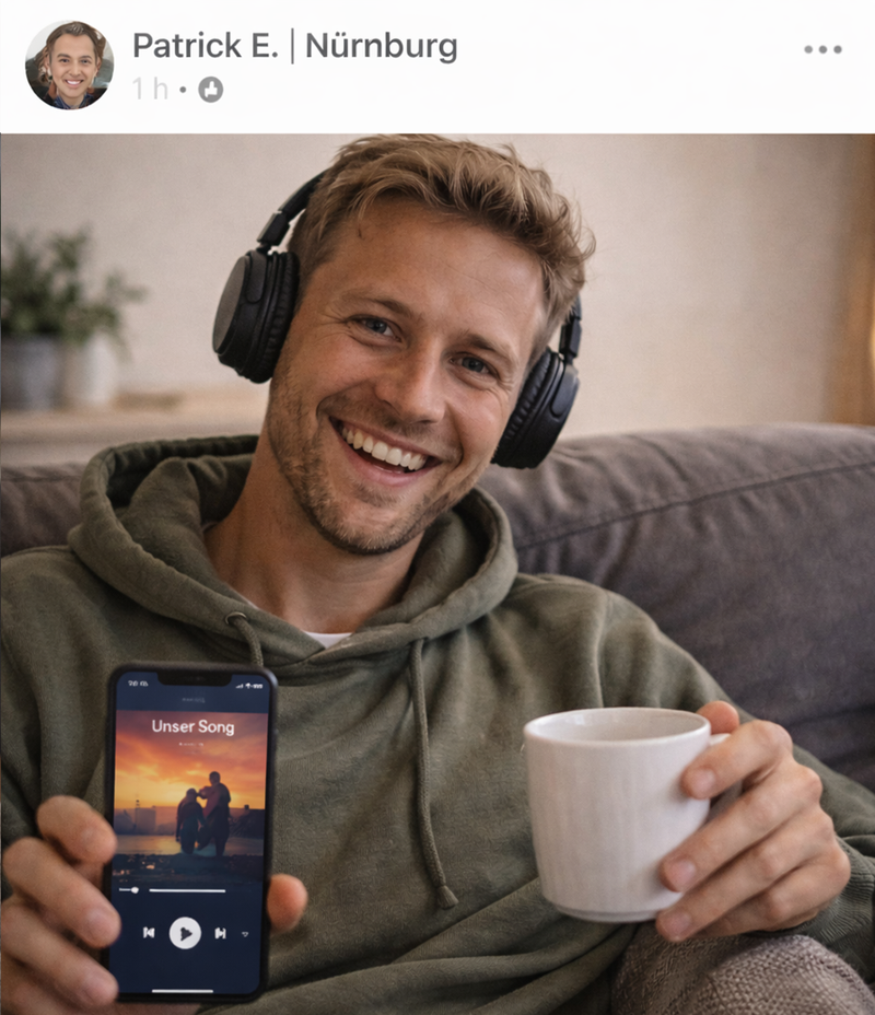 Patrick E. aus Nürnberg hört seinen personalisierten Song von SongForYou mit Kopfhörern und Kaffee – begeisterter Kunde mit 5 Sternen für ein emotionales und individuelles Musikgeschenk