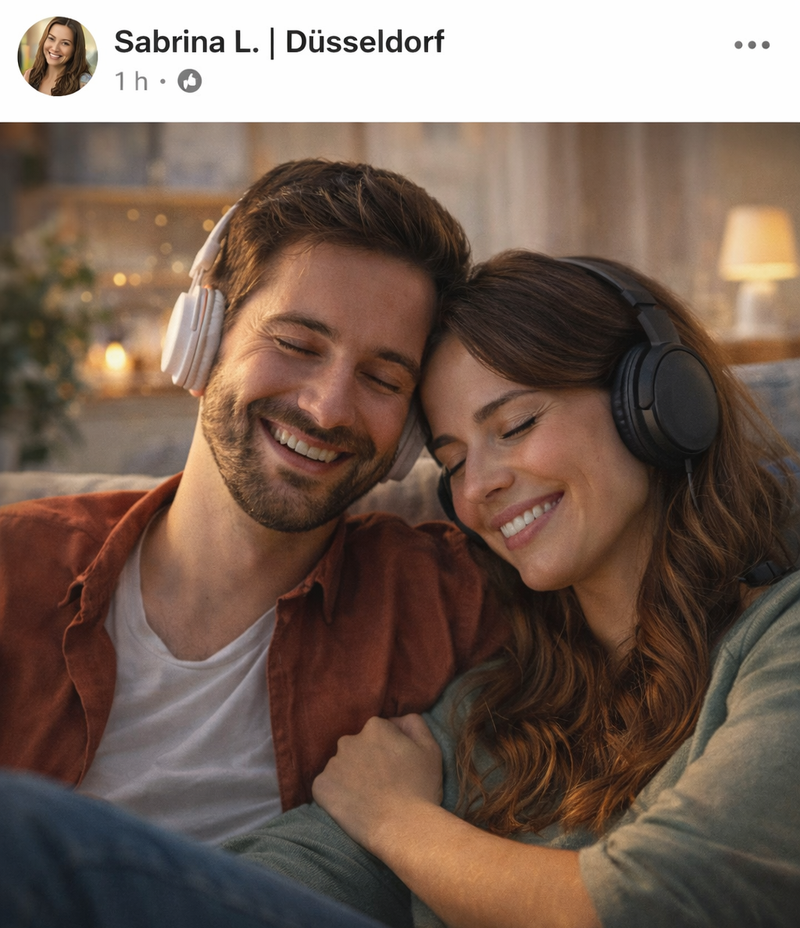 Sabrina L. aus Düsseldorf hört gemeinsam mit ihrem Partner ihren personalisierten Song von SongForYou – begeisterte Kundin mit 5 Sternen für ein emotionales und individuelles Musikgeschenk