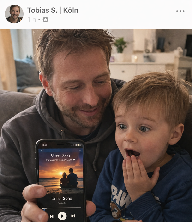 Tobias F. aus Köln hört gemeinsam mit seinem Sohn Lukas ihren personalisierten Song von SongForYou – begeisterter Kunde mit 5 Sternen für ein emotionales und individuelles Musikgeschenk