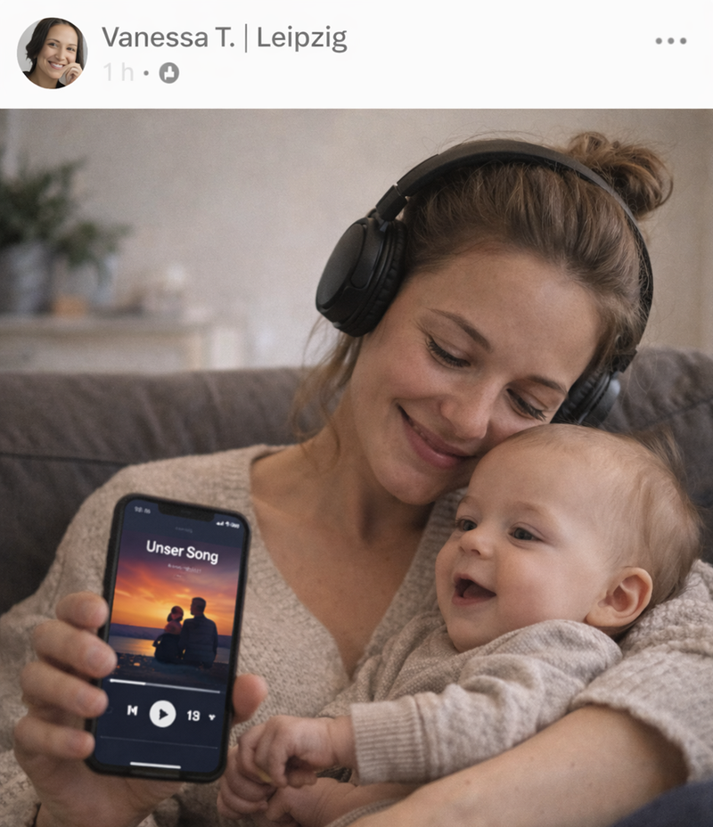 Vanessa T. aus Leipzig hört gemeinsam mit ihrem Baby ihren personalisierten Song von SongForYou – begeisterte Kundin mit 5 Sternen für ein emotionales Musikgeschenk für besondere Momente